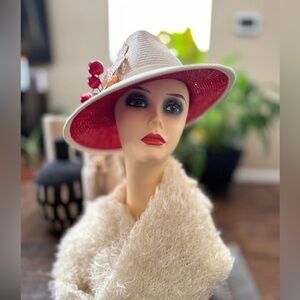 EUC Louise Green cream fedora cherry straw hat
